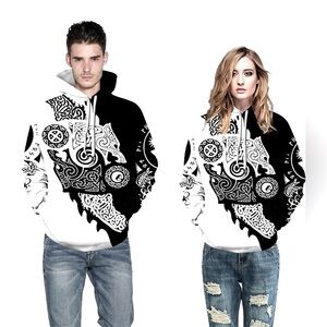 NWOT Wolf Sun Sweatshirt Hoodie, Norse Viking Celtic Rune Casual Harajuku, XL